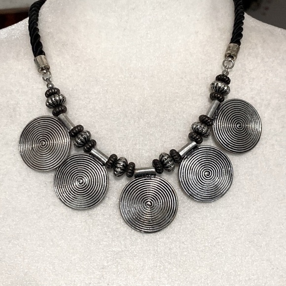 Edgy Rebel Rockstar Silver Coin Bohemian Whimsical Goth Swirl Black Necklace - Picture 2 of 12